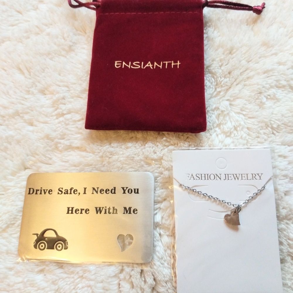Drive Safe I Need You Here With Me. Wallet Card Insert  Heart Cut Out Necklace